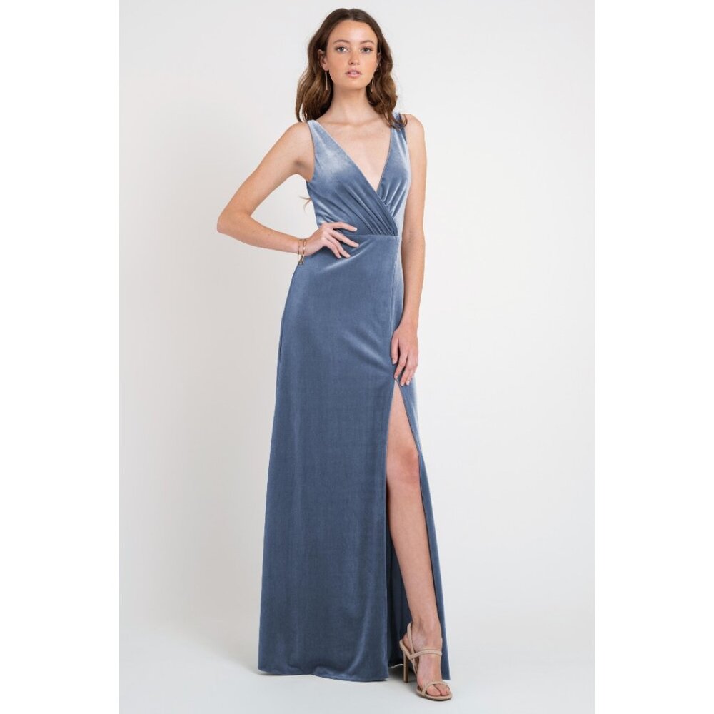 Jenny Yoo Devon Floor-length Stretch Velvet Bridesmaid V-neck with slit.